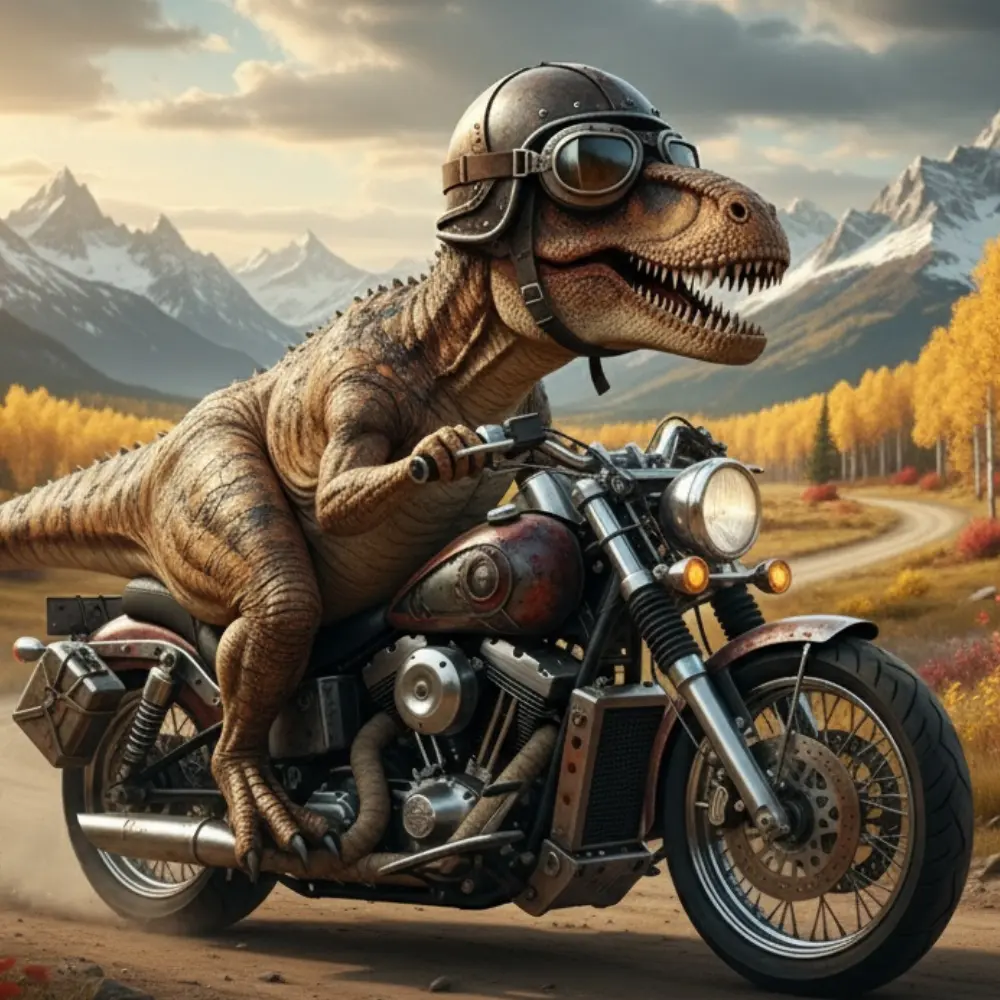 Albertasaurus riding a vintage motorcycle through the autumn wilderness of Alberta, wearing a leather helmet and goggles with mountains in the background