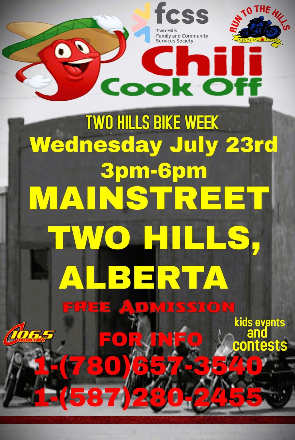 In conjunction with Run to the Hills Rally and Two Hills Bike Week, back again for another year FCSS CHILI COOK OFF ON JULY 23 3-8PM on Two Hills Main Street! Come on for some great food and amazing community support!