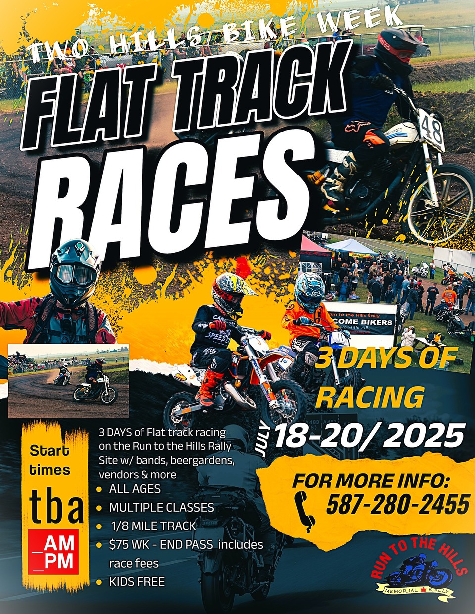 Come one, come all! FLAT TRACK RACING is back July 18-20 at Run to the Hills Rally! All ages are welcome! Check out everything the RTTH Two Hills Bike Week has to offer!😀