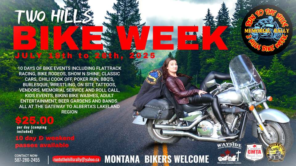 Run to the Hills Rally / Two Hills Bike Week! <br />July 18-26, 2025<br /><br />Come join us for another jam packed week of fun! <br />Flat track racing, Acoustic Acres Movie Night & Karaoke Night, RCW Wrestling Preformances, Bike Rodeo, Wayside Memorial Services, and other awesome events throughout the week.<br /><br />Scheduled Rides, Poker Runs, Vendors, Camping and so many more reasons to join in the fun! 😀