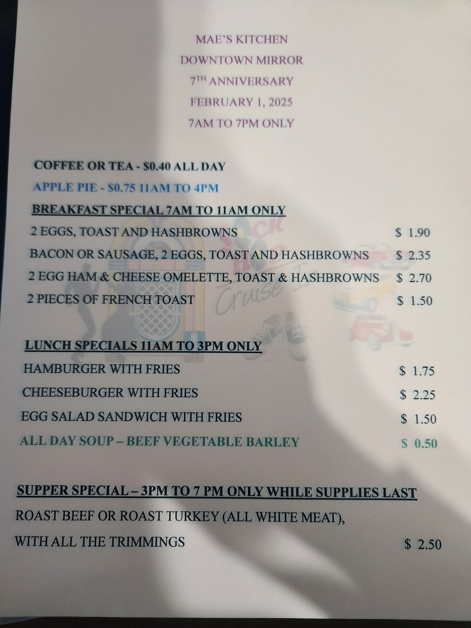 Mae's Kitchen in Downtown Mirror 7th AnniversaryWe will be holding Woolworths 1970 prices