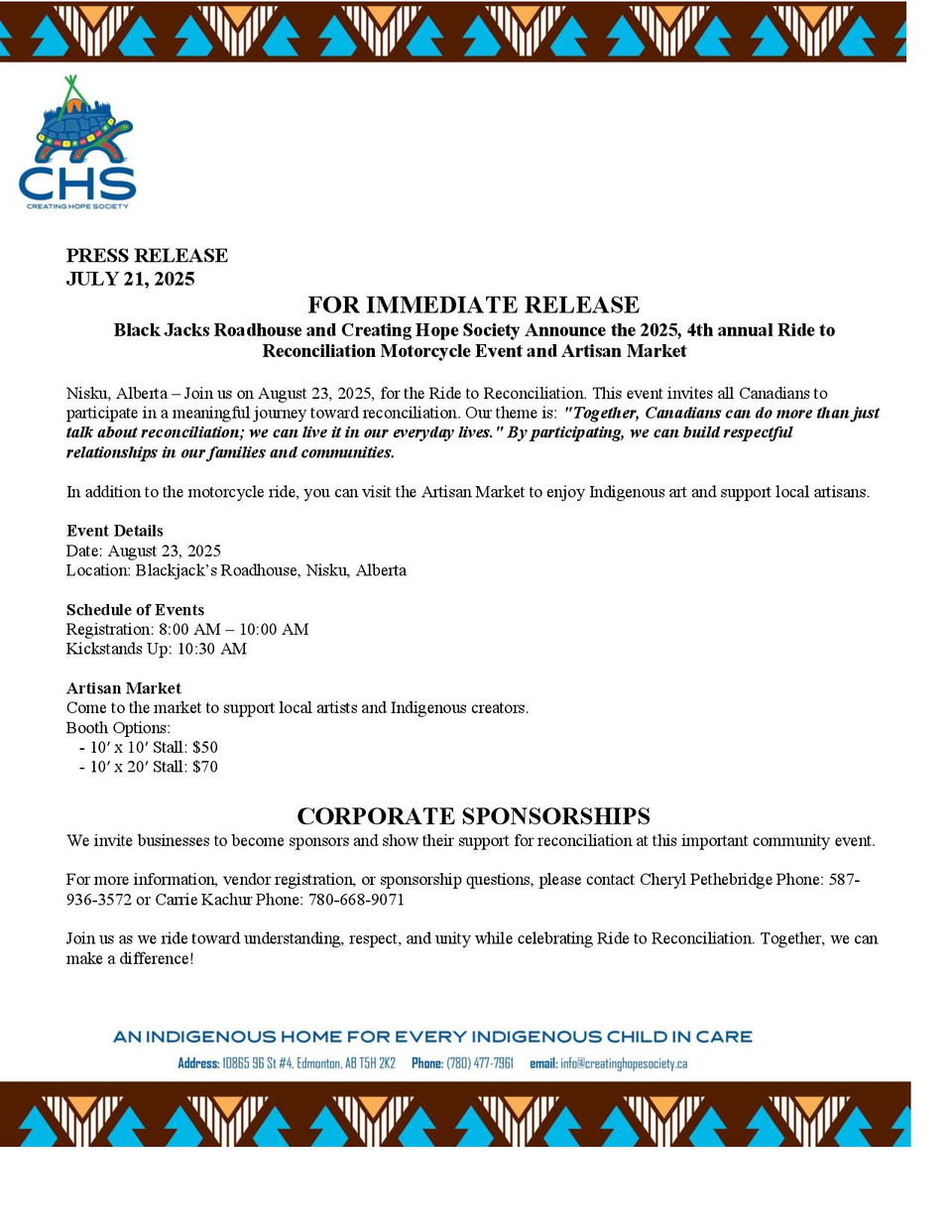 Thank you Renee for being an integral support in our upcoming Ride To Reconciliation on August 23!  We appreciate your support.